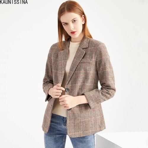 Stylish 2021 Designer Blazer Womens Single Breasted Plaid Blazers Jacket Elegant Fashion Lady Office Pockets Female Suits Coat