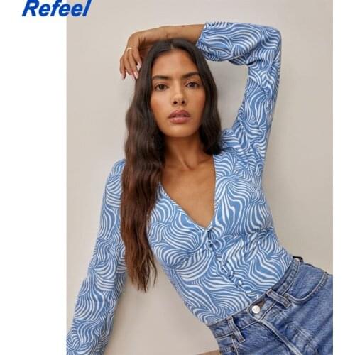 Women Summer Camis New Fashion Casual Watermark Crop Top Print Slim V-neck Long Sleeve Drawstring Short Tank Top