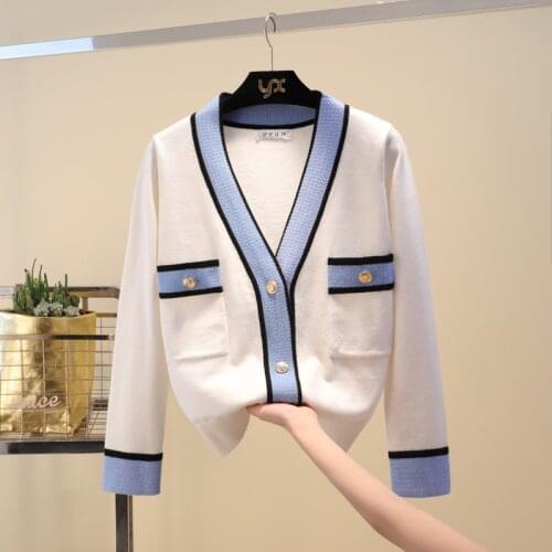 Saythen Luxury Designer Brand Knitted Sweater For Women Autumn Winter V Neck Contrast Color Buttons Knitted Cardigan Sweater