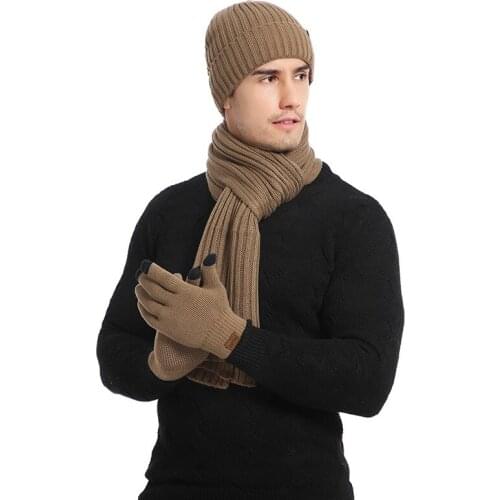 Winter Sports Running Warm Knitted Scarf Beanie Hat and Gloves Set Mens Soft Stretch Hat Scarf and Mitten Set