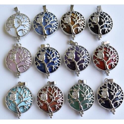 Wholesale 12pcs/lot Tree of Life Pendant Necklace Natural Stone Bead Owl on Trees Pendants Handmade Reiki Charm Jewelry