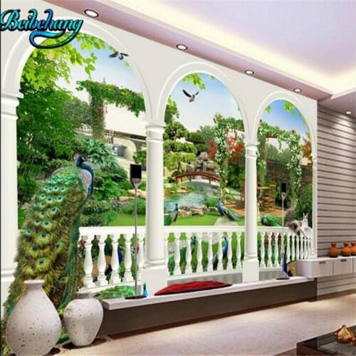 Beibehang Fantasy 3d peacock bird palace behind garden TV wall background wall custom wallpaper murals