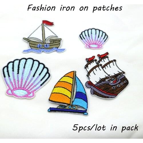 5pc/lot Fashion small boat scallop embroidery Patches for clothing DIY colorful iron on cute parches applique for clothes