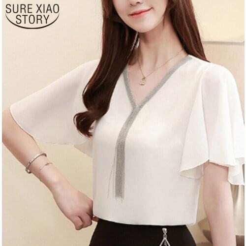 White Chiffon Blouse Womens Clothing V-Neck Solid Plus Size Women Womens Tops and Blouses Women Short Sleeve Shirts 3897 50