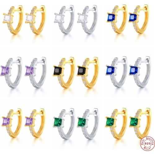 BOAKO 925 Sterling Silver Colorful Square Crystal Hoop Earrings For Women Pave Zircon Circle 9mm Huggie Earrings Piercing Jewels