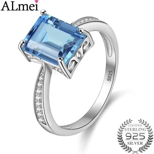 Almei 3ct Rectangle Sky Blue Topaz Big Wedding Ring Birthstone Solitaire Ring Genuine 925 Sterling Silver Fine Jewelry 10% CJ001