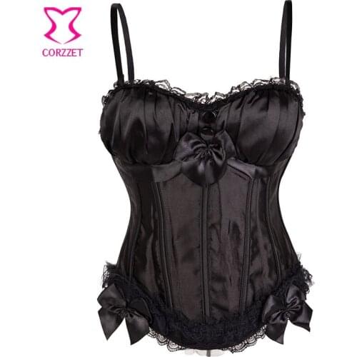 Black Satin Victorian Lace Trim Bow Strap Push Up Corpetes E Espartilhos Sexy Women Corset Gothic Clothing Corsets And Bustiers