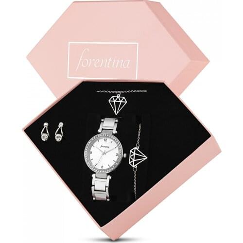 Forentina Elmas Modeli Kolye Küpe Bileklik Saat - Hediye Set PS1896
