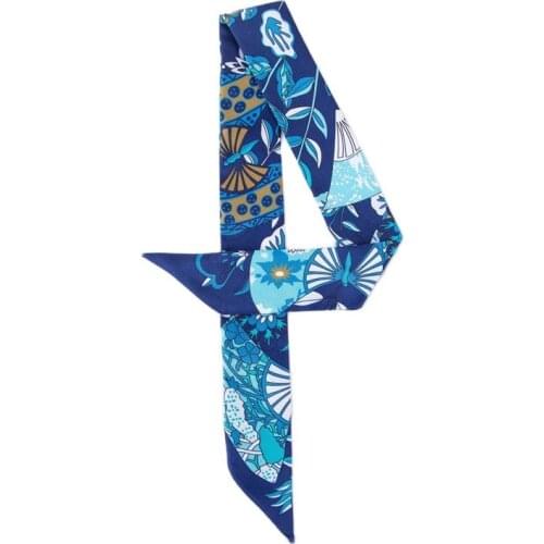 Hot Sale Handbag Scarf 2021 Fan Flower Print Small Silk Scarf Luxury Women Turban Narrow Bag Ribbon Hair Band Handbag Scarf C12