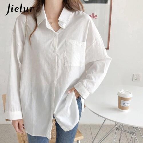 Jielur Solid Color Fashion Women Blouses Turn-down Collar Shirt Korean Style Long-sleeved Girls Tops Femme Blusas S-XL Spring