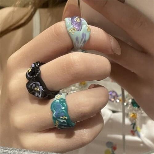 Korean Fashion Dripping Oil Painted Plant Flower Pattern Ring with Colorful Gold Foil Niche Design Open Ring for Women Jewelry