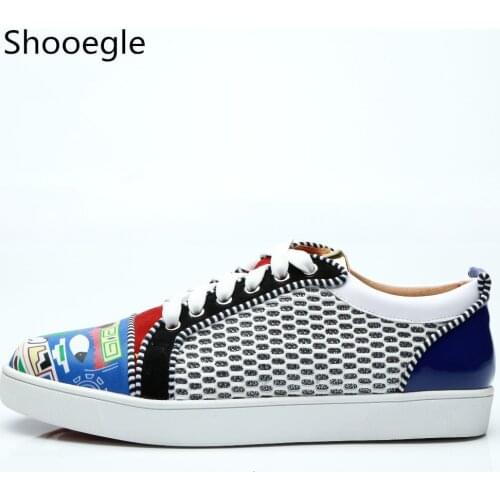 Cartoon Graffiti Print Low Top Casual Shoes Patchwork Men Sneaker Lace up Fashion Flats Runway Chaussures Hommes