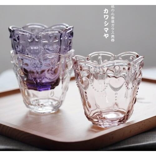 High Quality Japan Zakka Style Round Transparent Glass Breakfast Water Tea Coffee Ice-cream Cups Heart Emboss 3 Colors Purple
