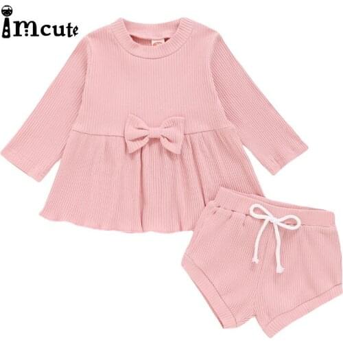 Imcute Baby Clothing Infant Kids Baby Girl Set Cotton Outfits Long Sleeve Dress Ribbed Tops PP Shorts Bottoms Solid Bow Sunsuit