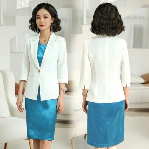 New 2020 Ladies White Blazer Women Dress Suits Ladies Business Work Wear Set Half Sleeve Jackets Elegant