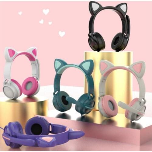 New Flash Light Cute Cat Ears Wired Headphone With Mic Can Control LED Kid Girl Stereo Music Helmet Phone Bluetooth Headset Gift