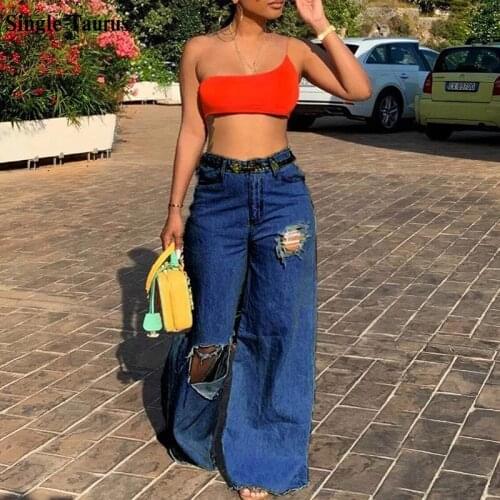 Fall Winter Womans Jeans Streetwear Fashion Loose Wide Leg Denim Pants Distressed Sexy Elephant Boyfriend Distressed Jeans Women