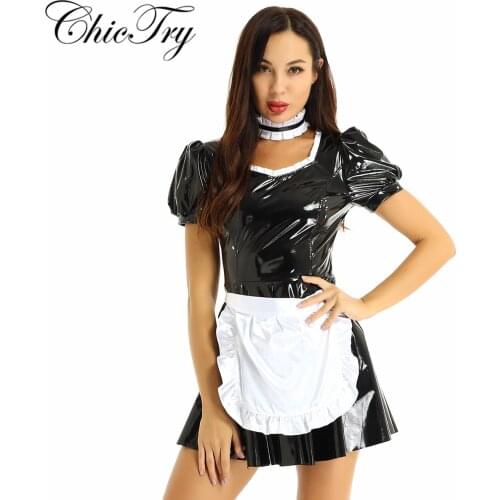 Women French Maid Cosplay Costume Dress Role Play Party Puff Sleeve A-line Patent Leather Party Dress with Apron and Headband