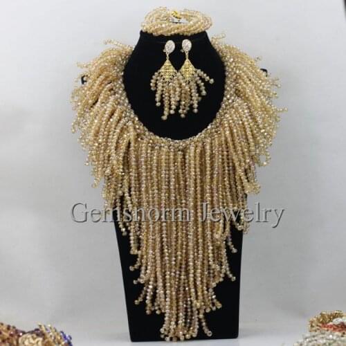 Luxury Champagne Gold Nigerian Wedding African Beads Jewelry Set Full Beads Bib Statement Necklace Set Free Shipping WB952