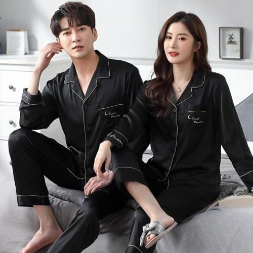 Long Sleeve Shirt&Pant 2PCS Satin Sleep Suit Couple Loose Pajamas Big Size Spring Autumn New Homewear M-3XL Sleepwear Nightwear