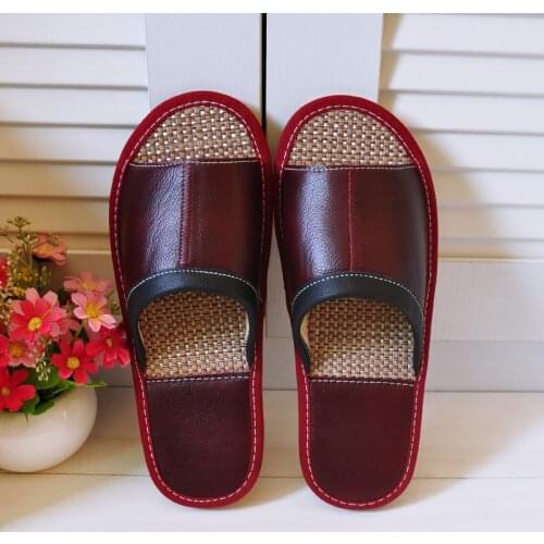 Summer home cowhide leather slippers soft bottom indoor floor household linen sandals men and women couple slippers