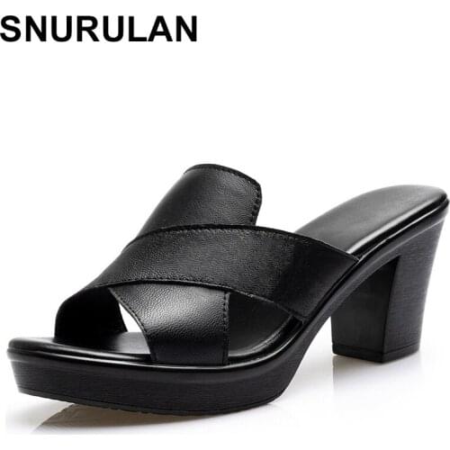 SNURULAN women real leather slippers high heel women shoes summer ladies comfortable non-slip slippers women big size