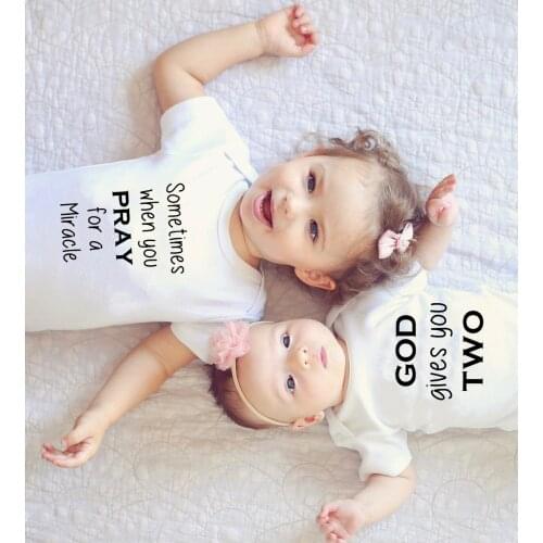 Prayed for One God Gives You Two Twins Announcement Funny Onesie Multiples Announcement Twins Romper Surprise Pregnancy