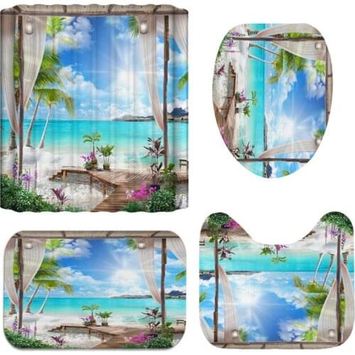 3D Sunny Beach Printed Shower Curtain Set Sea Scenery Bath Screen Waterproof Bathroom Curtains Non Slip Bath Mat Rug