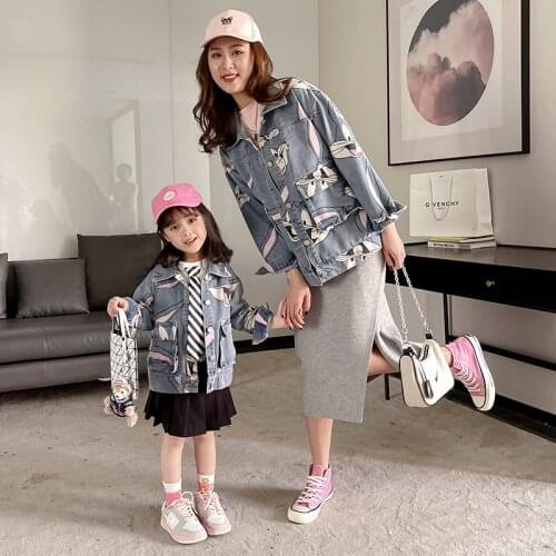 Fashion Family Matching Coat Mum and Me Denim Jacket 221 Printing Tops Girls Short Outerwear Korean Women Jacket Casual Clothes