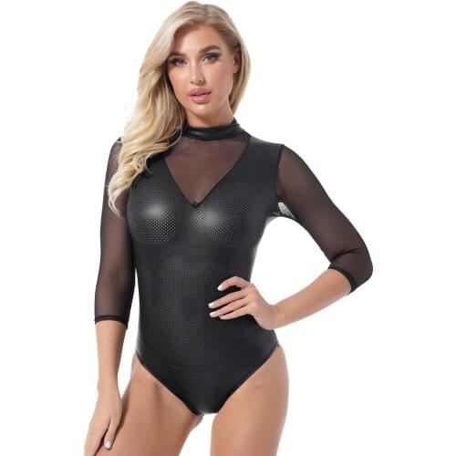Plus Size Women Hollow Out Faux Leather Bodysuit Nightclub Stage Show Mock Neck Mesh Long Sleeve Zipper Back Fit Catsuit Bodycon
