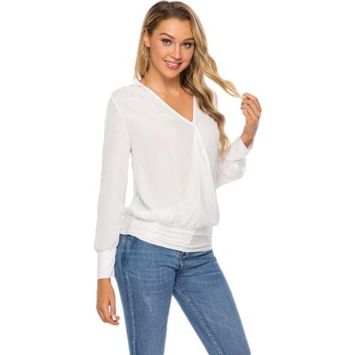 Spring Autumn Women V-neck Shoulder Pleated long-sleeved Top Women Clothing Sexy Ladies Casual Loose Shirt