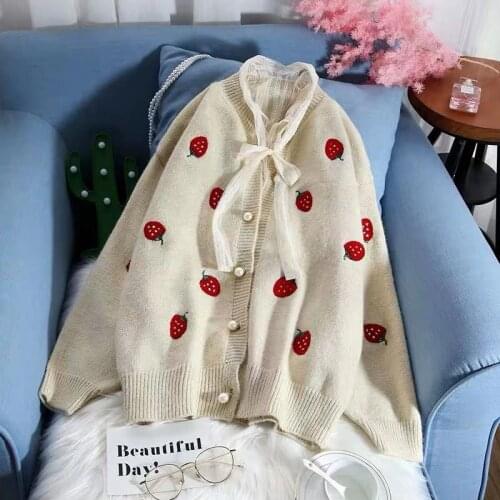 Womens Knitwear Kawaii Sweater Strawberry Pattern Cute Jacket Loose Long Sleeve V-neck Thin Cardigan 2021 Fall Winter New