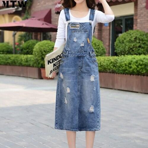 2021 Women Midi Denim Dress Summer Autumn Loose Adjustable Strap Jean Dresses Korean Overalls Streetwear