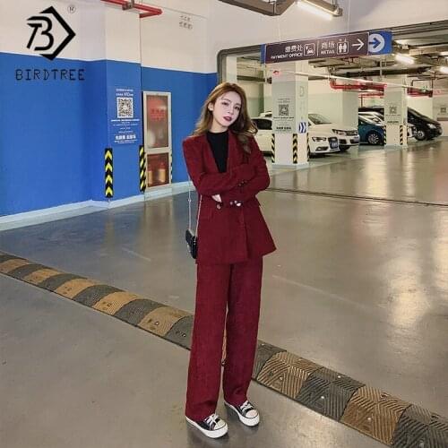 Winter New Womens Chic Blazer Suits Corduroy Two Pieces Set Vintage Notched Double-breasted Coat And Long Pant