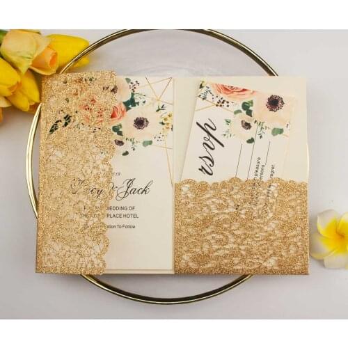 10pcs/lot Luxury Rose Gold silver Glitter Pocket Laser Cut Lace Wedding Invitation Cards Trifold Greeting Cards For Anniversary
