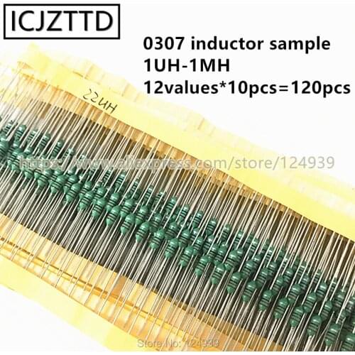 12values*10pcs=120pcs 0307 1/4W 0.25W inductor 1UH-1MH component sample Assorted kit 1UH 10UH 22UH 33UH 47UH 100UH 150UH 1MH