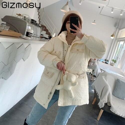 Gizmosy 2021 Winter Puffer Fluffy Jacket Women Down Coat With Bear Lady Fashion Stand Collar Drawstring Slim Down Parkas Outwear