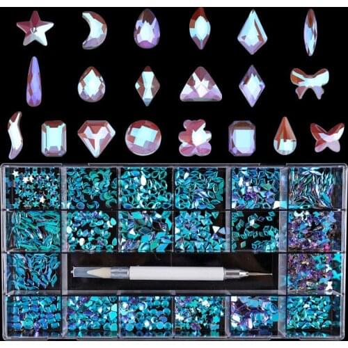 21Grid Swarovsky Crystal AB 3D Flatback Glass Nail Art Rhinestones Fancy Shaped Crystals Stones for DIY Nails Art Decorations