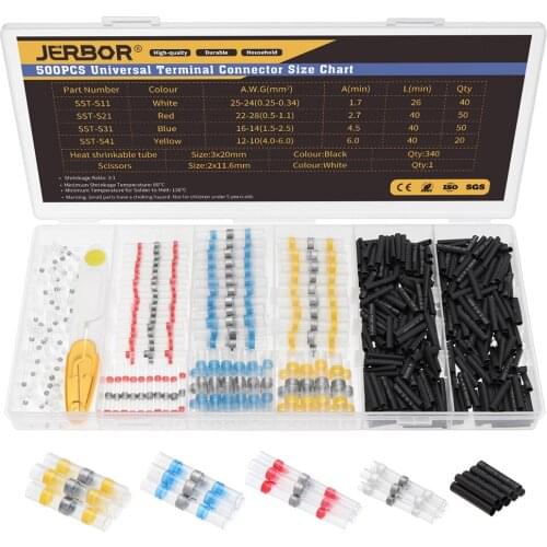 JERBOR 500pcs Heat Solder Seal Wire Connectors Waterproof Sleeve Heat Shrink Tubings Kit Cable Terminal Tool Assortment Set