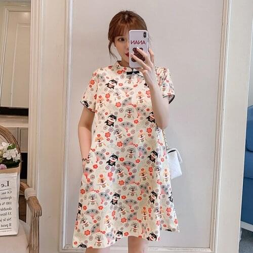 9953# Maternity Clothes Summer Short Sleeve Chiese style cheongsam fashion Easy Matching Loose Stylish Dress for Pregnant Women