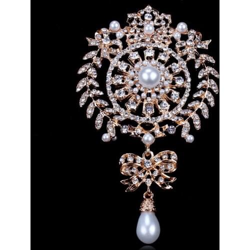 Large Crystal Rhinestone Bow and Pearl Pendant Brooch for Womens Declaration Wedding Brooch Dance Party Accessories