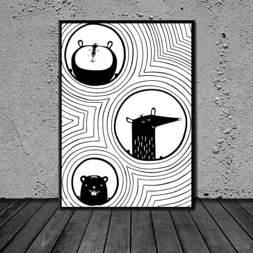Black and White Animals Modular Pictures Canvas Cartoon Prints Painting Wall Art Poster Home For Living Room Decoration No Frame