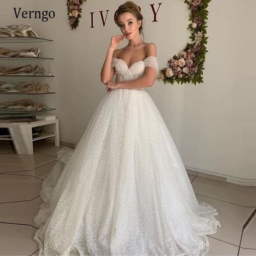 Verngo Glitter Tulle Dotted A Line Princess Wedding Dress Off the Shoulder Pearls Sweep Train 2021 Elegant Bridal Gowns