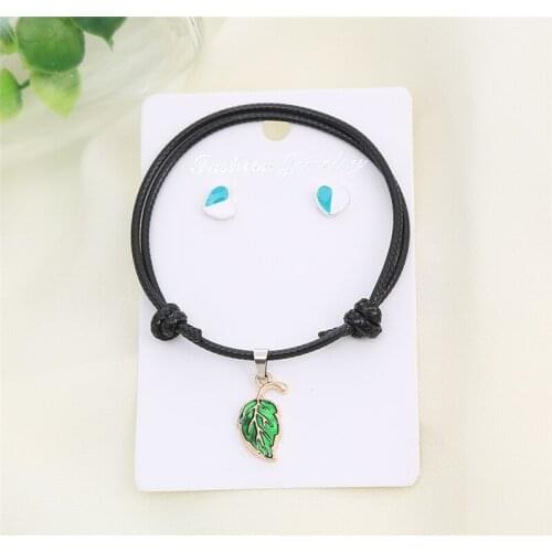 HTZZY Women Jewelry Set 2021 New Fashion Leaf Pendant Rope Chain Bracelet Heart Stud Earrings 1 Bracelet +1 Pair Earrings