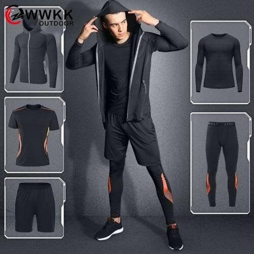 WWKK Mens Fitness 5 Piece Set Running Shirt Shorts Gym Sport Long Sleeve Hooded Coat Tees Style Fashion Sport Shirt New Trousers