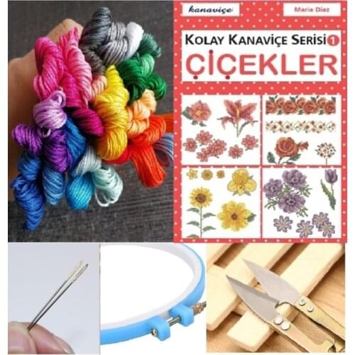 Flower Cross Stitch Set 25 Ip + cross stitch Book + rope Cutting Apparatus + 6 Needle + 21 Cm Pulley + fabric