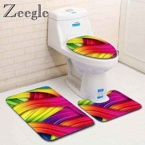 Zeegle Printed Striped Bath Mat Set Toilet Rug Suit Flannel Anti-Slip Bath Floor Rug Carpet Washable Toliet Entrance Foot Mat
