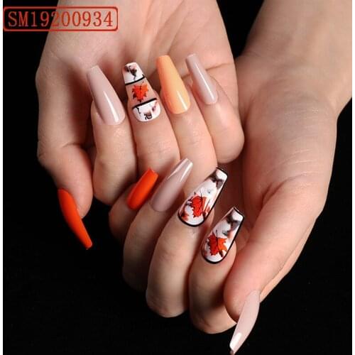 24pcs Maples Leaf Printed Nail Patch Glue Type Removable Long Paragraph Fashion Manicure Save Time False Nail Patch Fake Nails