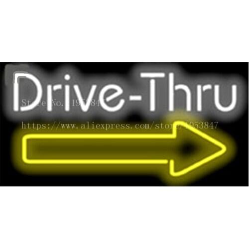 Drive-Thru with Right Arrow NEON SIGN Real GLASS Tube Beer PUB Restaurant Signboard display Decorate Shop Light Signs 17*14"