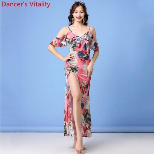 Belly Dance Dress Sexy Printing Yarn Long Dress Oriental Indian Dance Competition Performance Practice Training Fashion Garments